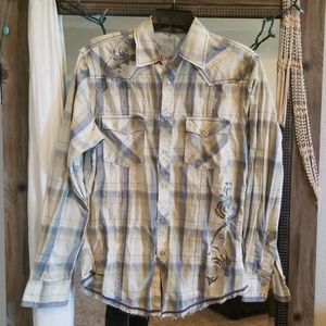 Mens rock 47 western shirt pearl snap blue cream